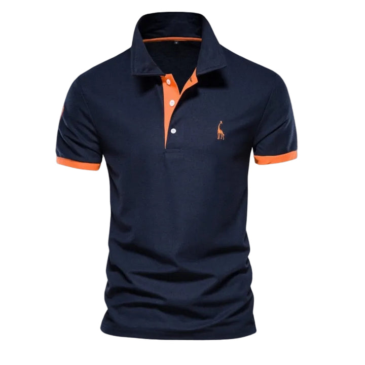 Polo pour homme de couleur bleu marine avec détails orange au col et aux manches. Ce modèle à la coupe moderne est orné d&