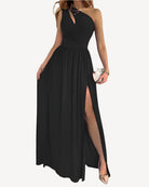 Robe Longue Femme Élégante à Une Épaule avec Jupe Fluide-1