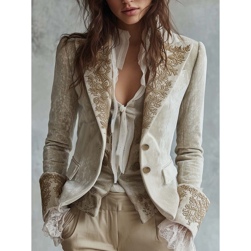 Blazer Femme Cintré à Broderies Florales - Ivoire
