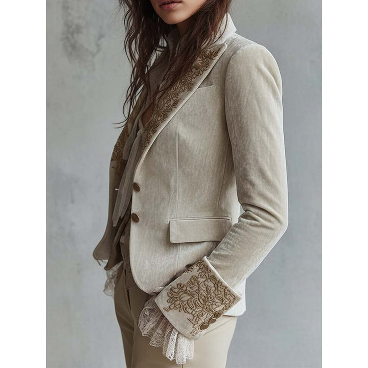 Blazer Femme Cintré à Broderies Florales - Ivoire
