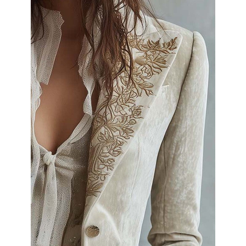 Blazer Femme Cintré à Broderies Florales - Ivoire
