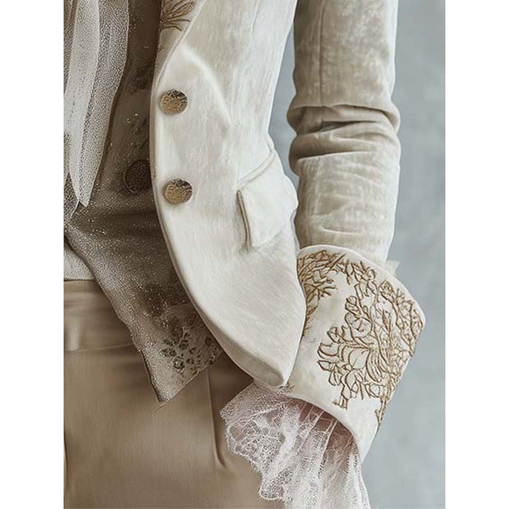 Blazer Femme Cintré à Broderies Florales - Ivoire