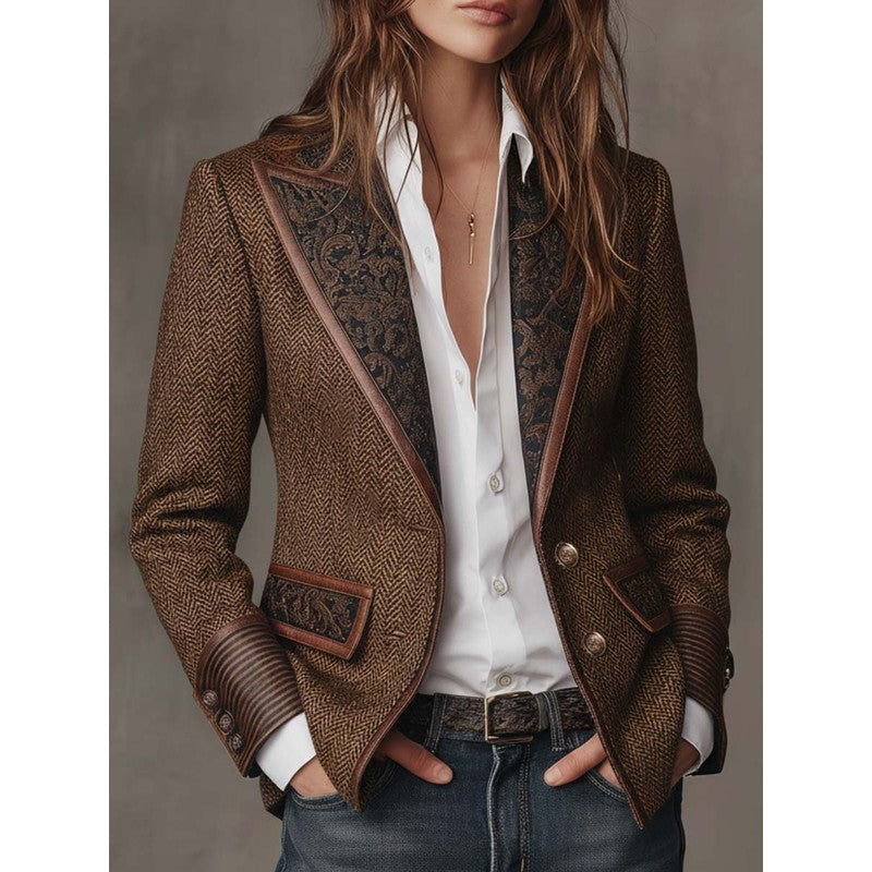 Blazer Femme Cintré Motif Chevrons - Empiècement Fleuri Contrastant