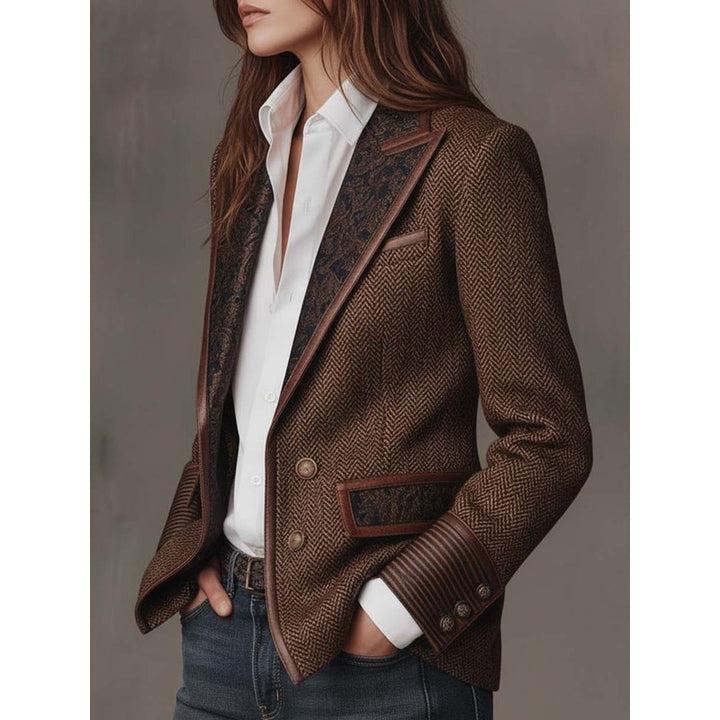 Blazer Femme Cintré Motif Chevrons - Empiècement Fleuri Contrastant
