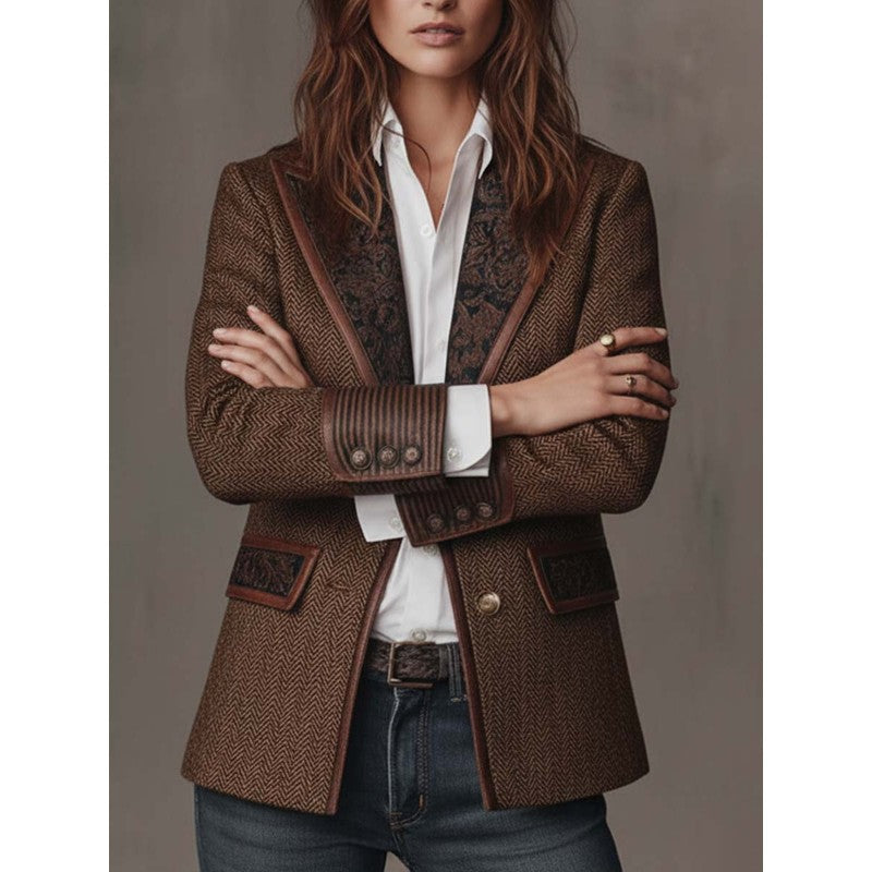 Blazer Femme Cintré Motif Chevrons - Empiècement Fleuri Contrastant