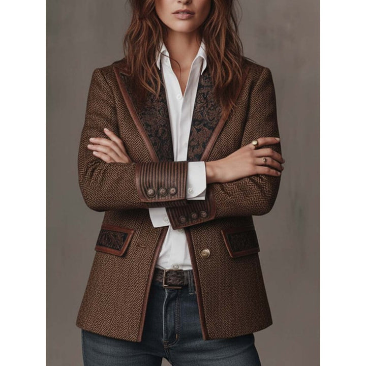 Blazer Femme Cintré Motif Chevrons - Empiècement Fleuri Contrastant