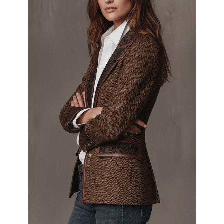 Blazer Femme Cintré Motif Chevrons - Empiècement Fleuri Contrastant