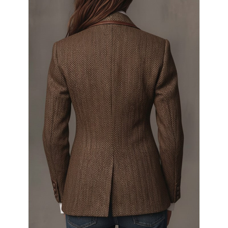 Blazer Femme Cintré Motif Chevrons - Empiècement Fleuri Contrastant