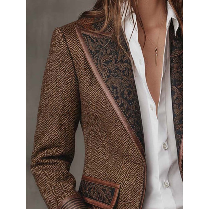 Blazer Femme Cintré Motif Chevrons - Empiècement Fleuri Contrastant