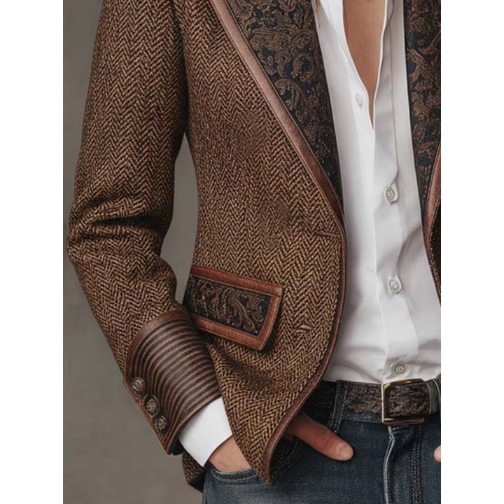 Blazer Femme Cintré Motif Chevrons - Empiècement Fleuri Contrastant