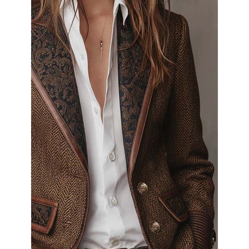 Blazer Femme Cintré Motif Chevrons - Empiècement Fleuri Contrastant