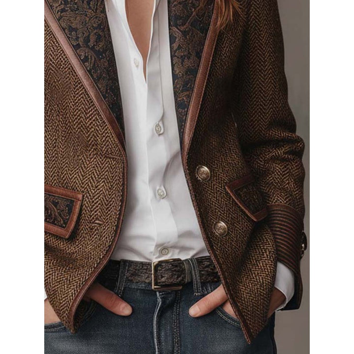 Blazer Femme Cintré Motif Chevrons - Empiècement Fleuri Contrastant