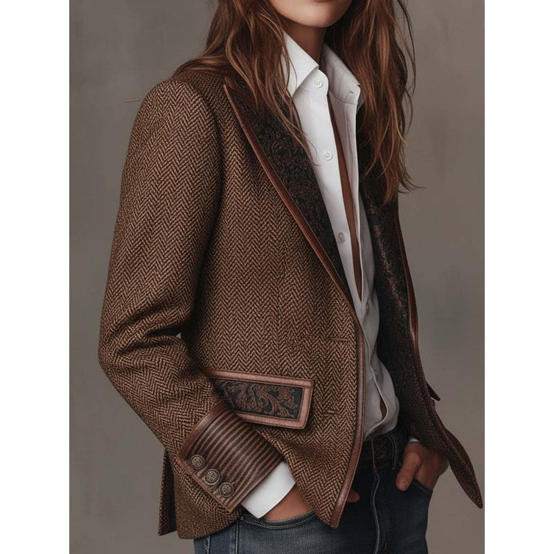 Blazer Femme Cintré Motif Chevrons - Empiècement Fleuri Contrastant