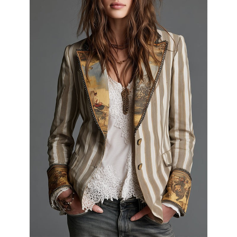 Blazer Femme Rayé Motif Artistique - Khaki