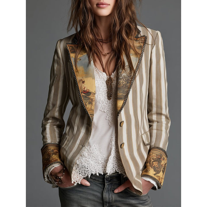 Blazer Femme Rayé Motif Artistique - Khaki