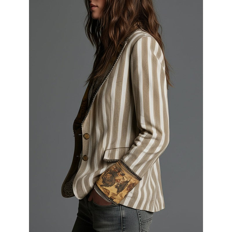 Blazer Femme Rayé Motif Artistique - Khaki