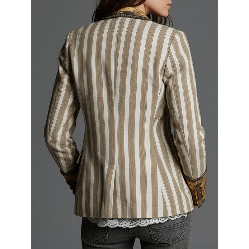 Blazer Femme Rayé Motif Artistique - Khaki