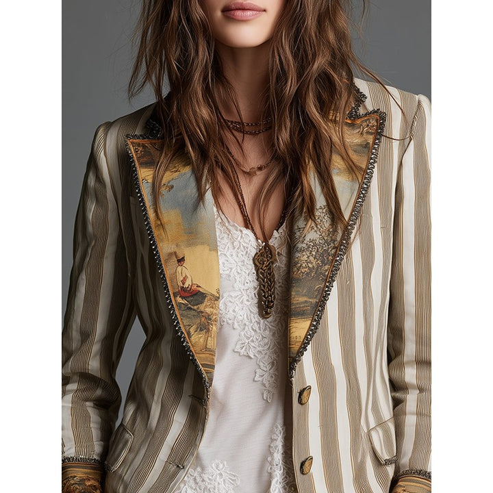 Blazer Femme Rayé Motif Artistique - Khaki