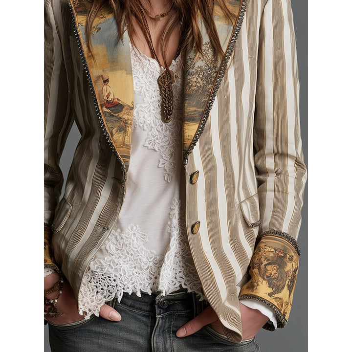 Blazer Femme Rayé Motif Artistique - Khaki