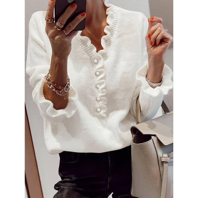 Blouse Femme à Encolure en V - Blanc