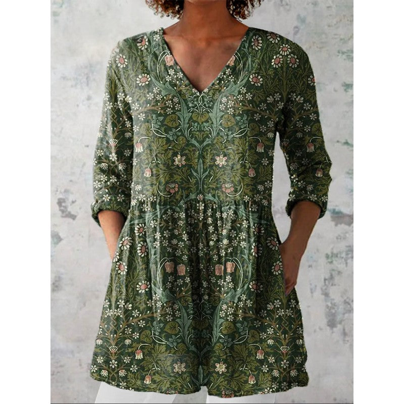 Blouse longue femme - Imprimé floral vert