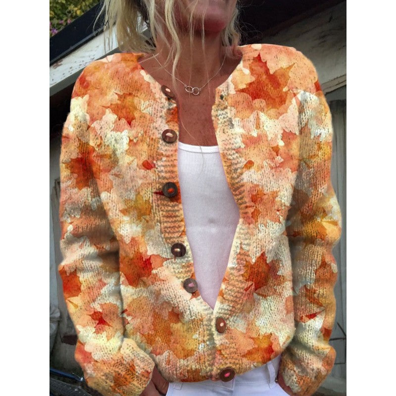 Cardigan Femme Boutonné Motif Feuilles d&