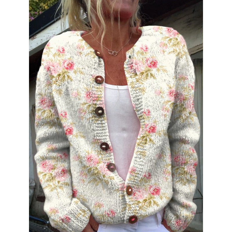 Cardigan Femme Col Ouvert Coupe Ample - Maille Chinée à Motif Floral