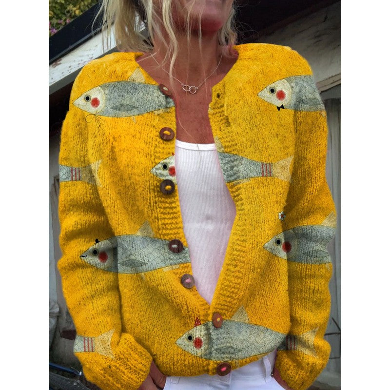 Cardigan femme à motif poissons - Coupe ample
