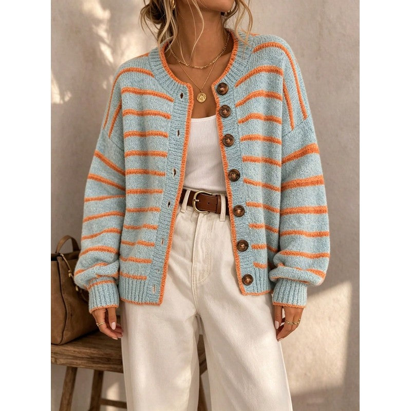 Cardigan femme à rayures contrastées - Col rond boutonné