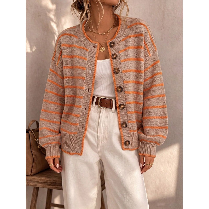 Cardigan femme à rayures contrastées - Col rond boutonné