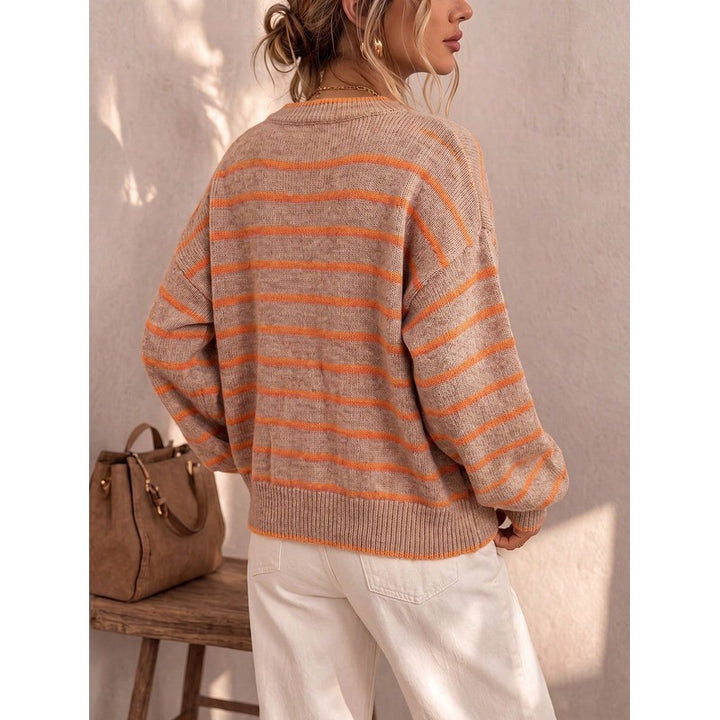 Cardigan femme à rayures contrastées - Col rond boutonné