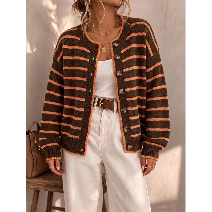 Cardigan femme à rayures contrastées - Col rond boutonné