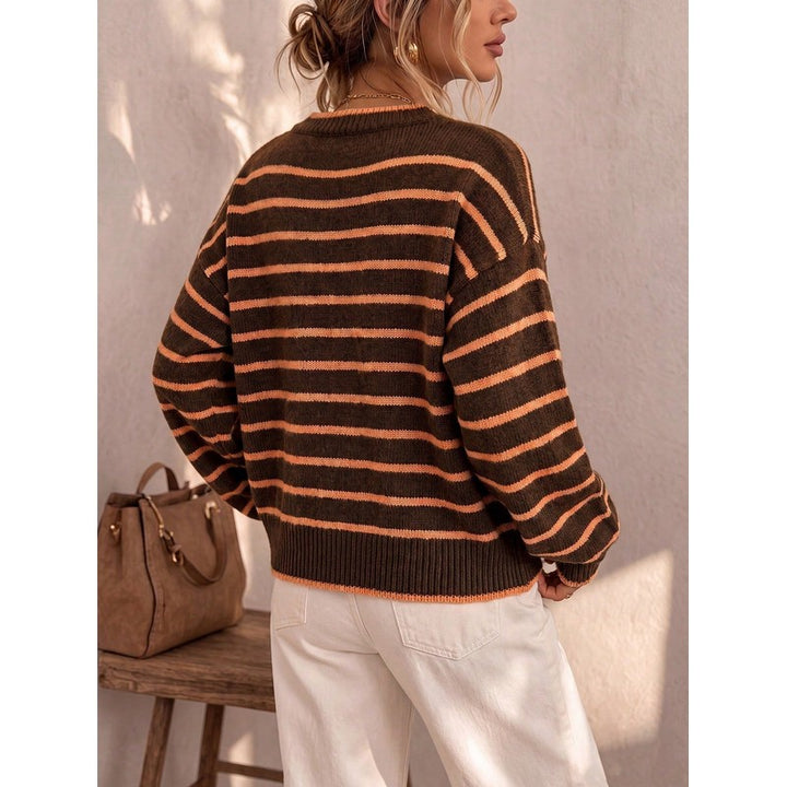 Cardigan femme à rayures contrastées - Col rond boutonné