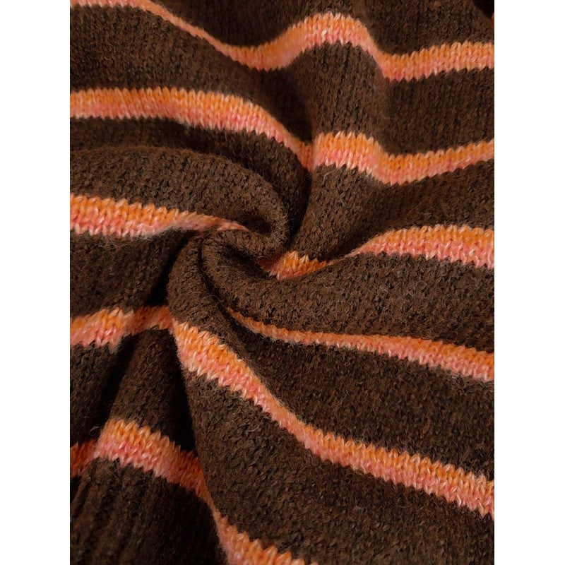Cardigan femme à rayures contrastées - Col rond boutonné