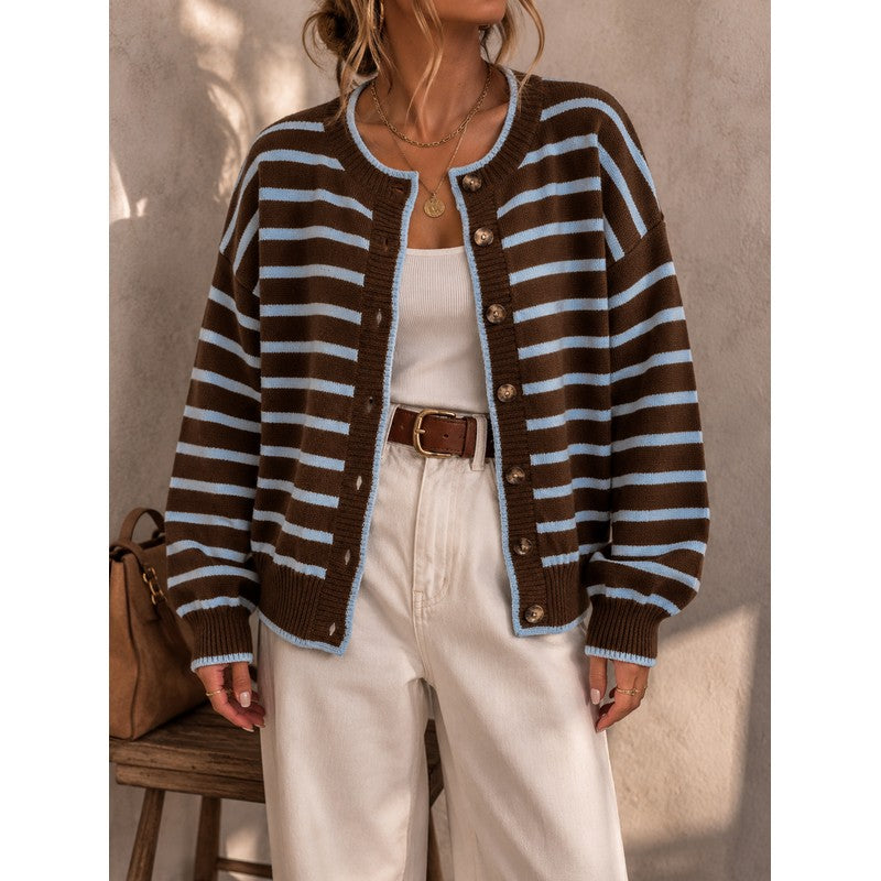 Cardigan femme à rayures contrastées - Col rond boutonné
