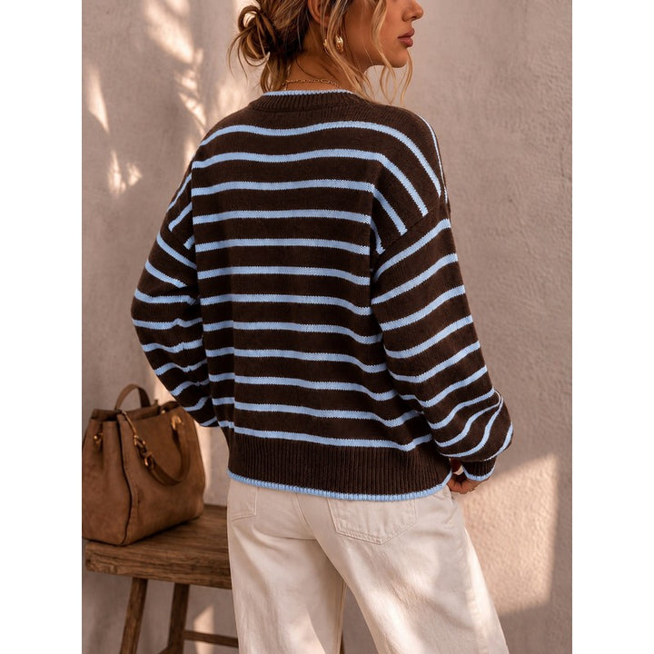 Cardigan femme à rayures contrastées - Col rond boutonné