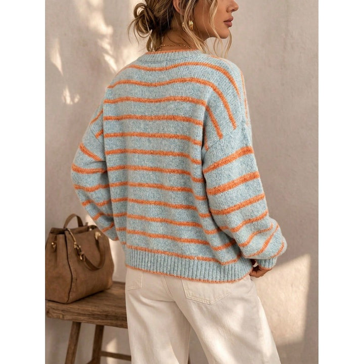 Cardigan femme à rayures contrastées - Col rond boutonné