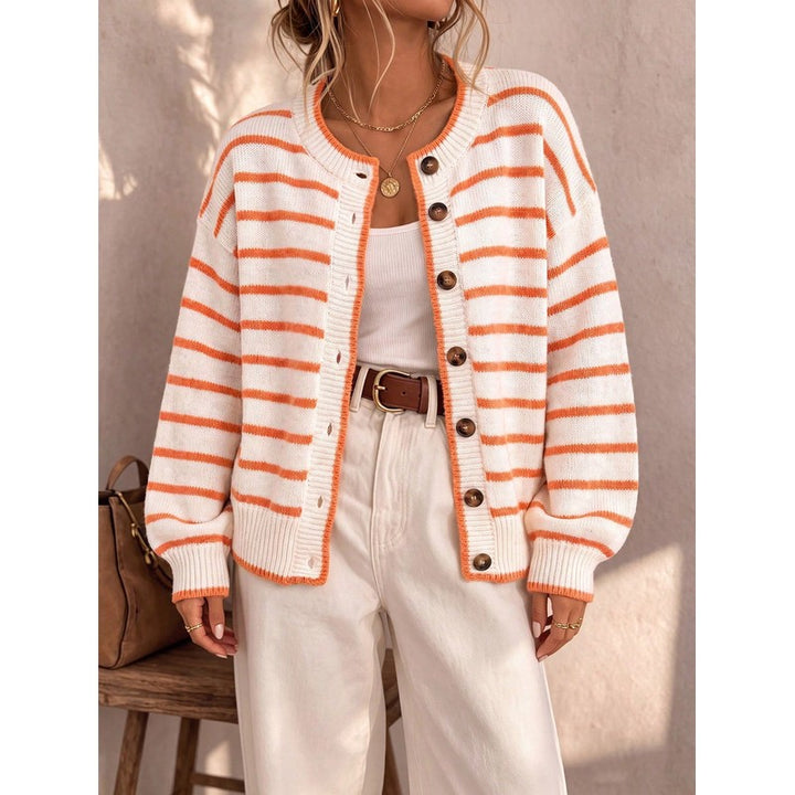 Cardigan femme à rayures contrastées - Col rond boutonné