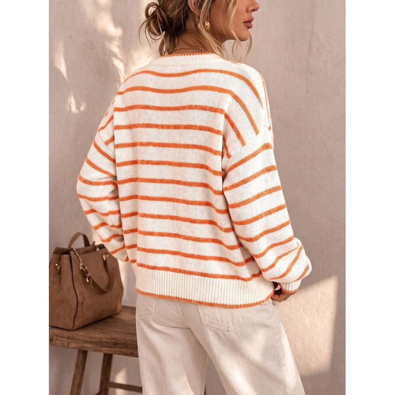 Cardigan femme à rayures contrastées - Col rond boutonné