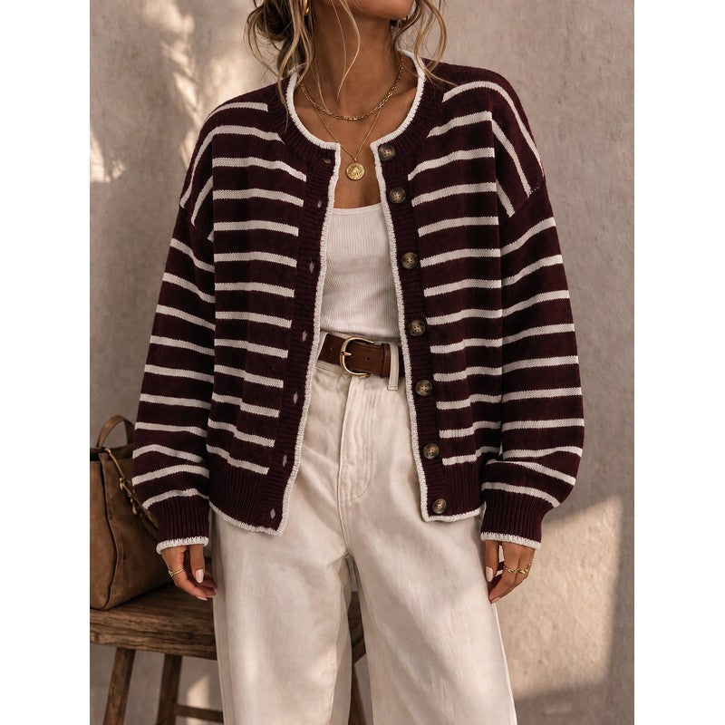 Cardigan femme à rayures contrastées - Col rond boutonné