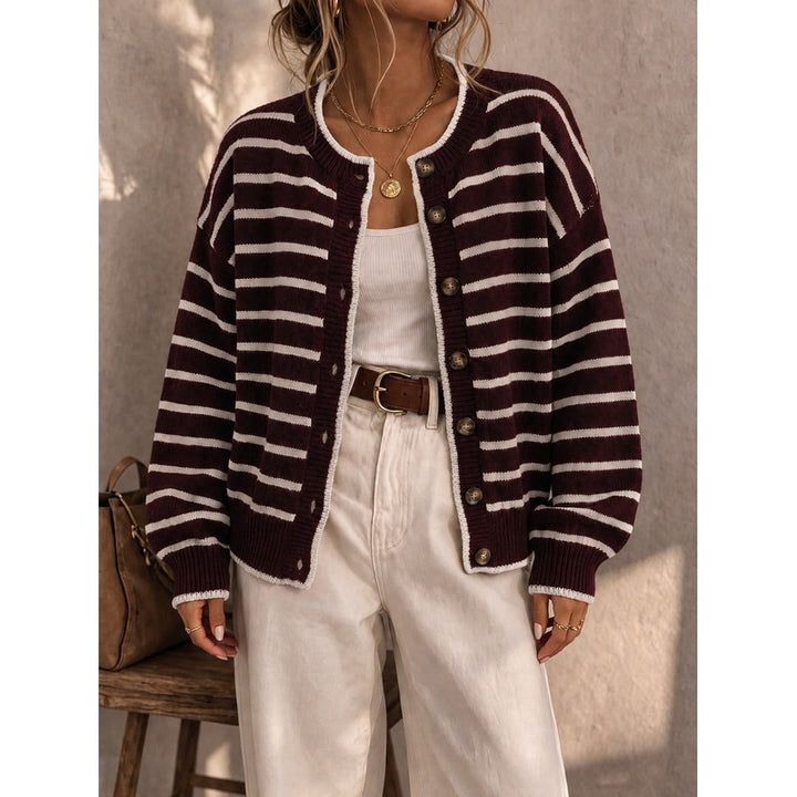 Cardigan femme à rayures contrastées - Col rond boutonné