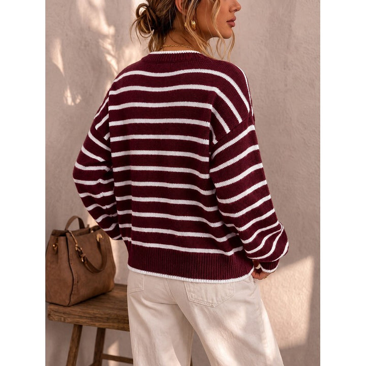 Cardigan femme à rayures contrastées - Col rond boutonné
