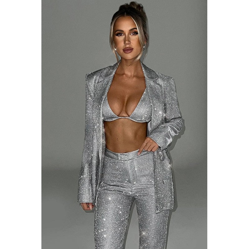 Ensemble femme 3 pièces pailleté - Blazer ample et pantalon
