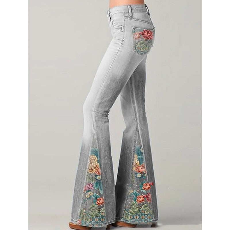 Jeans Femme à Patte d'Eleph - Motifs Floraux