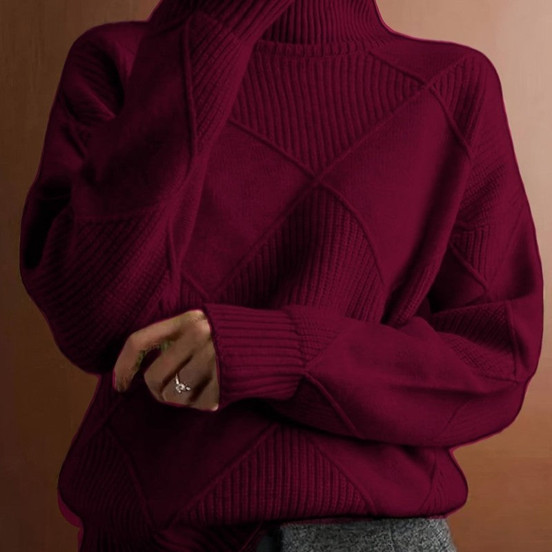 Pull col roulé pour femme - Motif diamant et manches côtelées