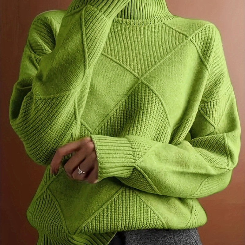 Pull col roulé pour femme - Motif diamant et manches côtelées