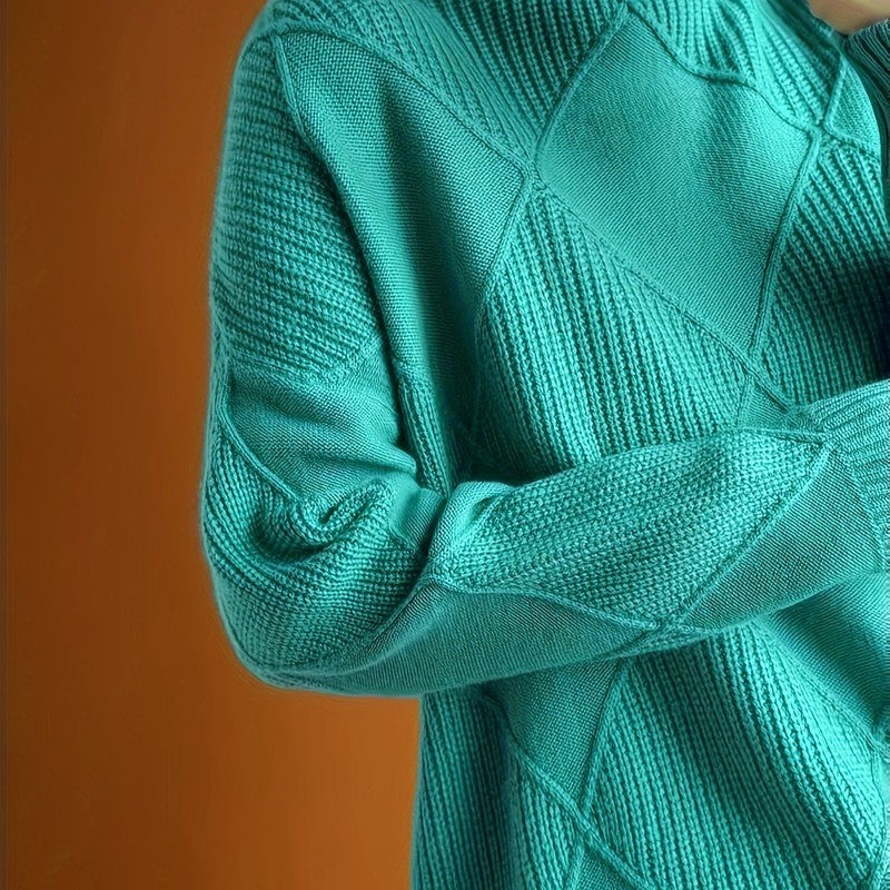 Pull col roulé pour femme - Motif diamant et manches côtelées