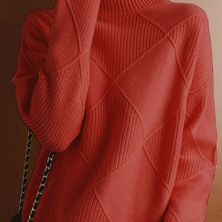 Pull col roulé pour femme - Motif diamant et manches côtelées