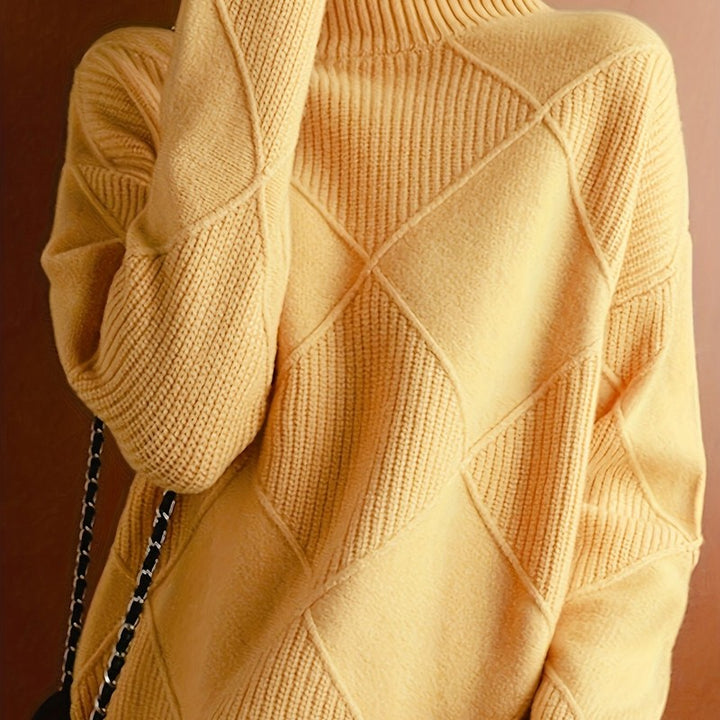 Pull col roulé pour femme - Motif diamant et manches côtelées