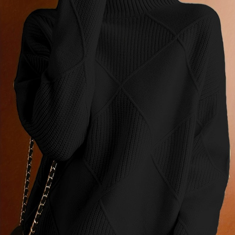 Pull col roulé pour femme - Motif diamant et manches côtelées